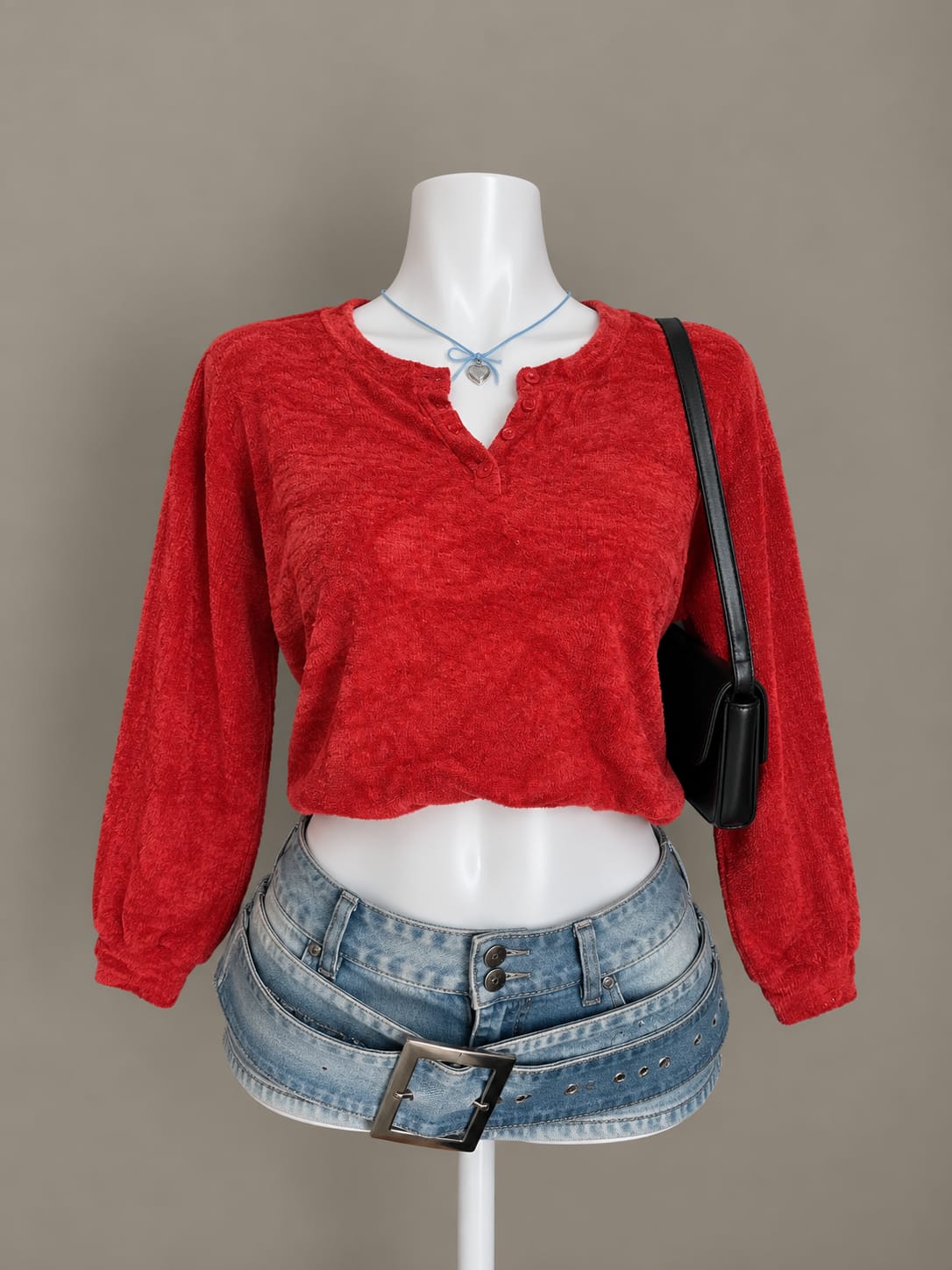 Red Cropped Button Neck Sweater