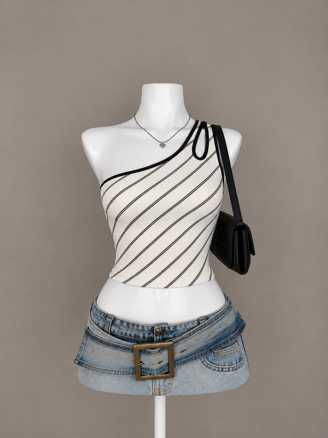 White Striped One Shoulder Top