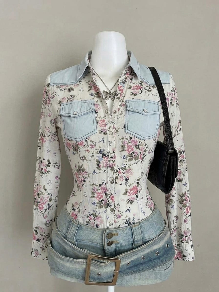 Floral Denim-Pocket Fitted Shirt