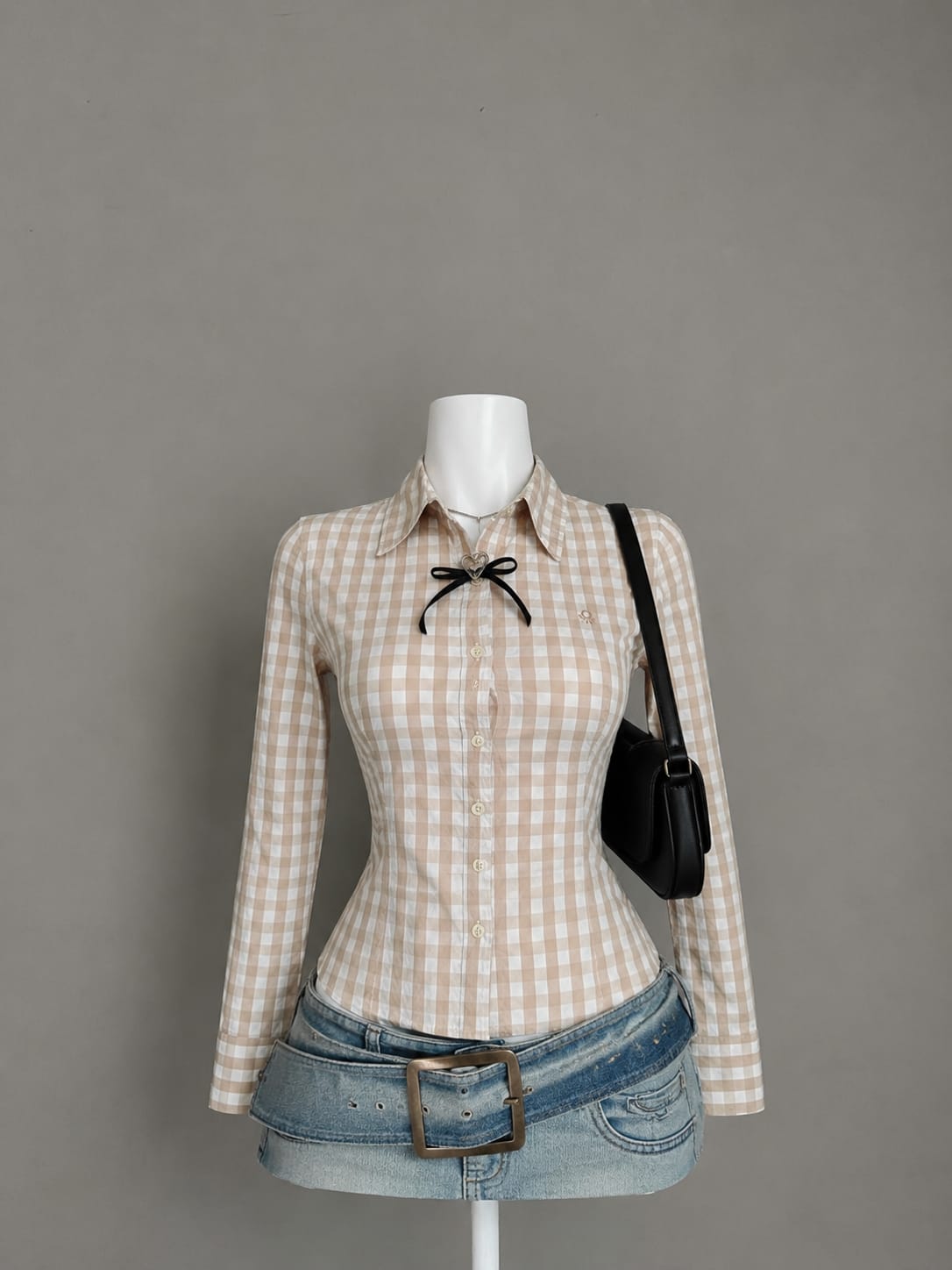 Beige Gingham Fitted Shirt