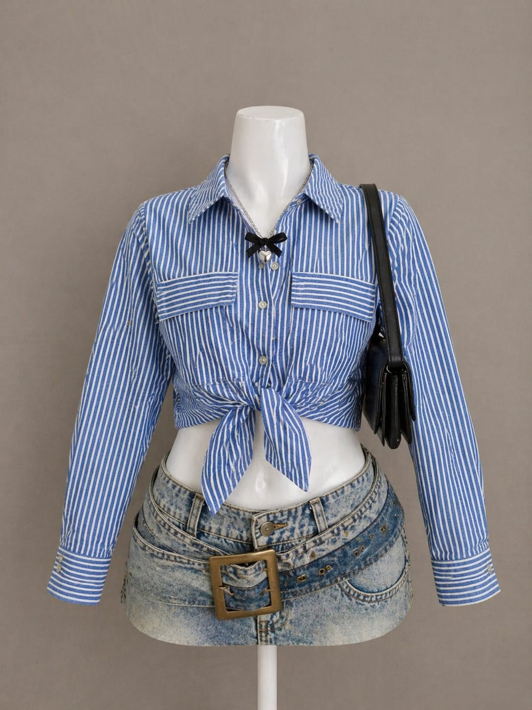 Blue Stripe Tie-Front Crop Shirt