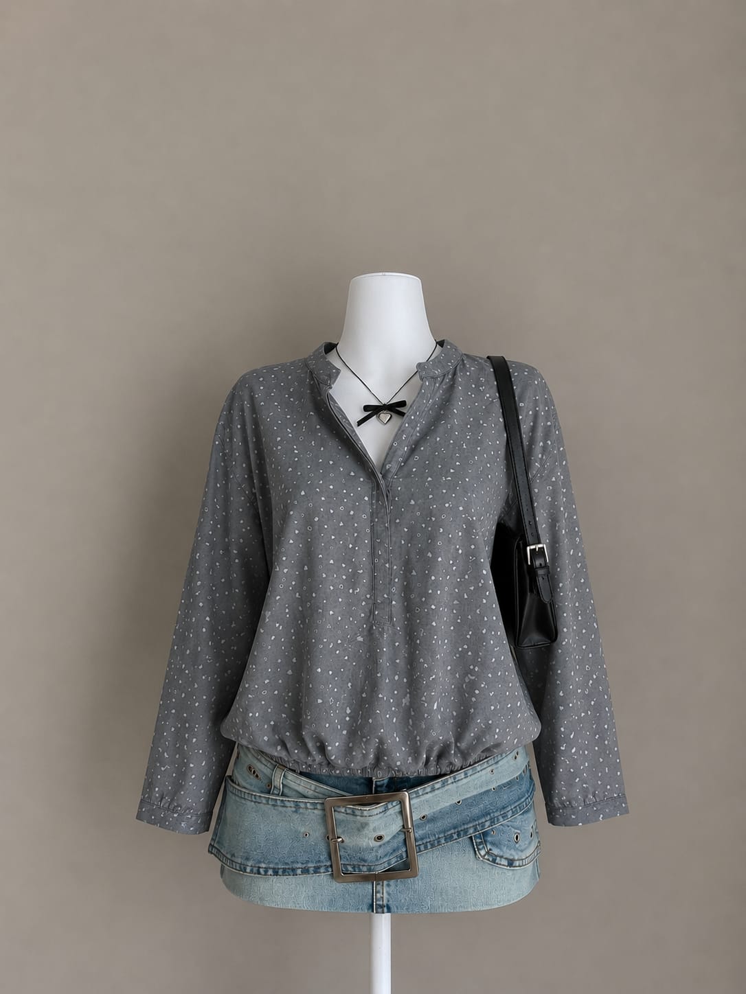 Women’s Grey Printed Elastic-Hem Blouse