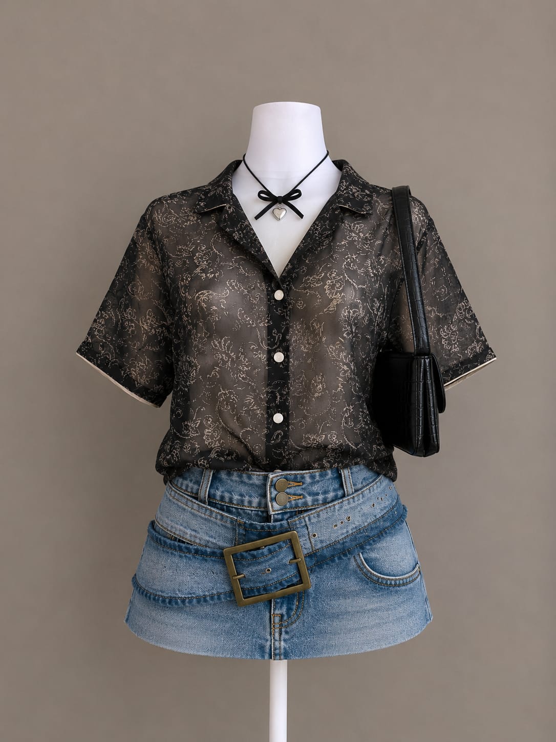 Women's Black Sheer Floral Lace Shirt