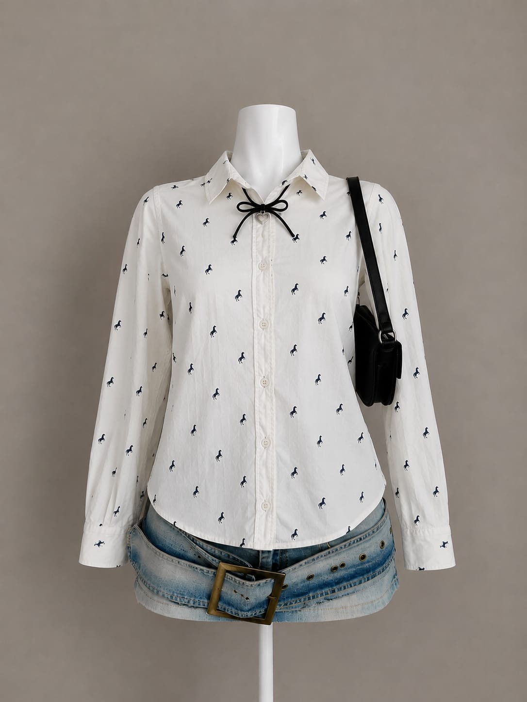 Women’s Classic White Horse-Print Button-Down Shirt