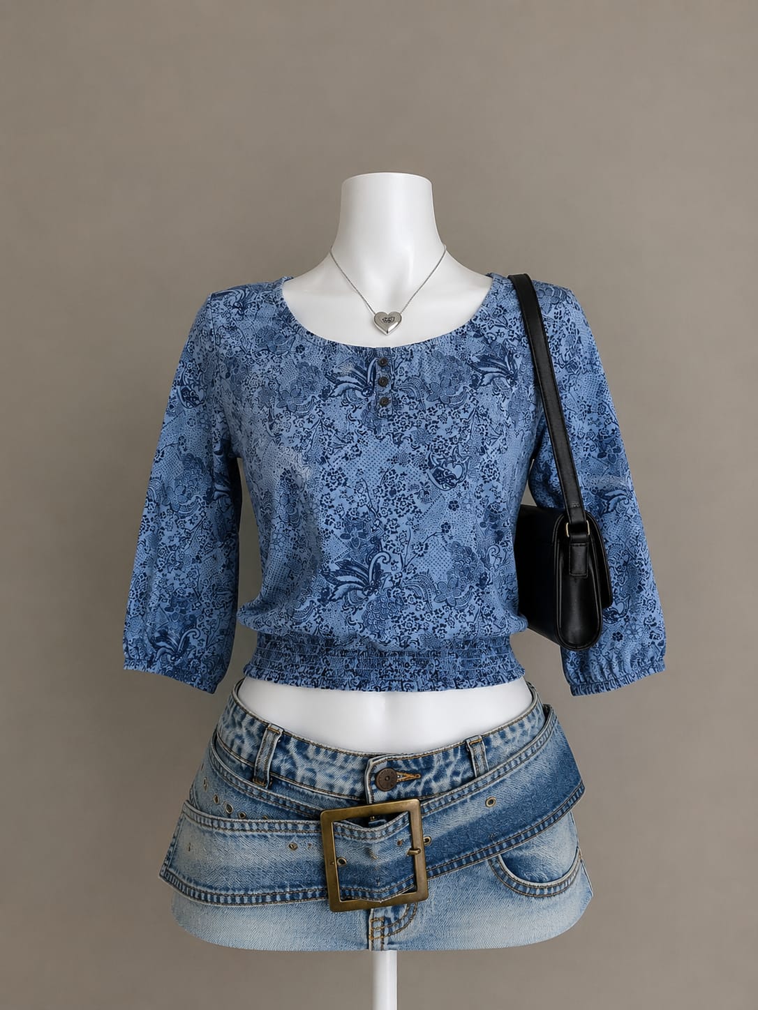 Women’s Blue Floral Print Smocked-Waist Top