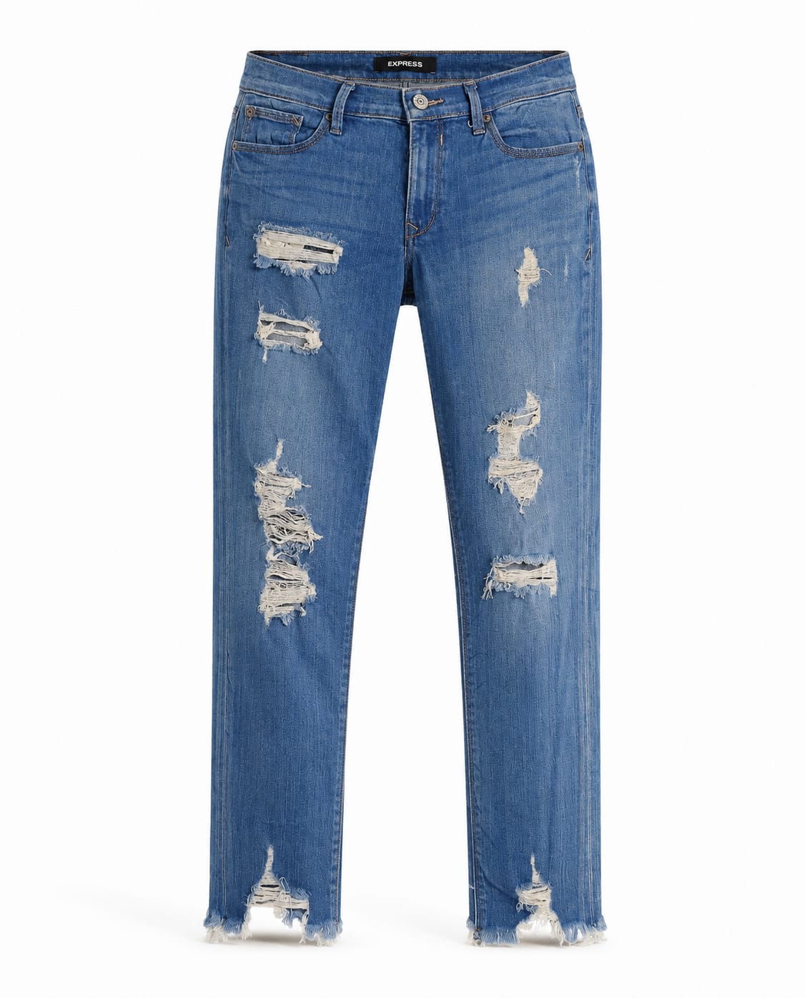 Mid Blue Heavily Distressed Cropped Jeans with Frayed Hem
