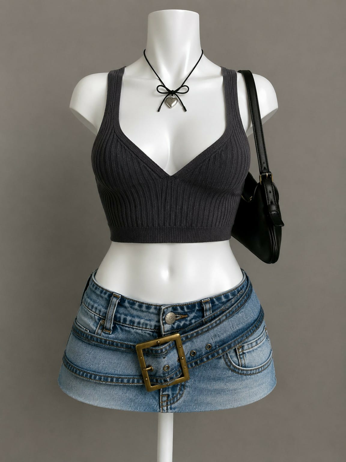 Charcoal Ribbed V-Neck Crop Top