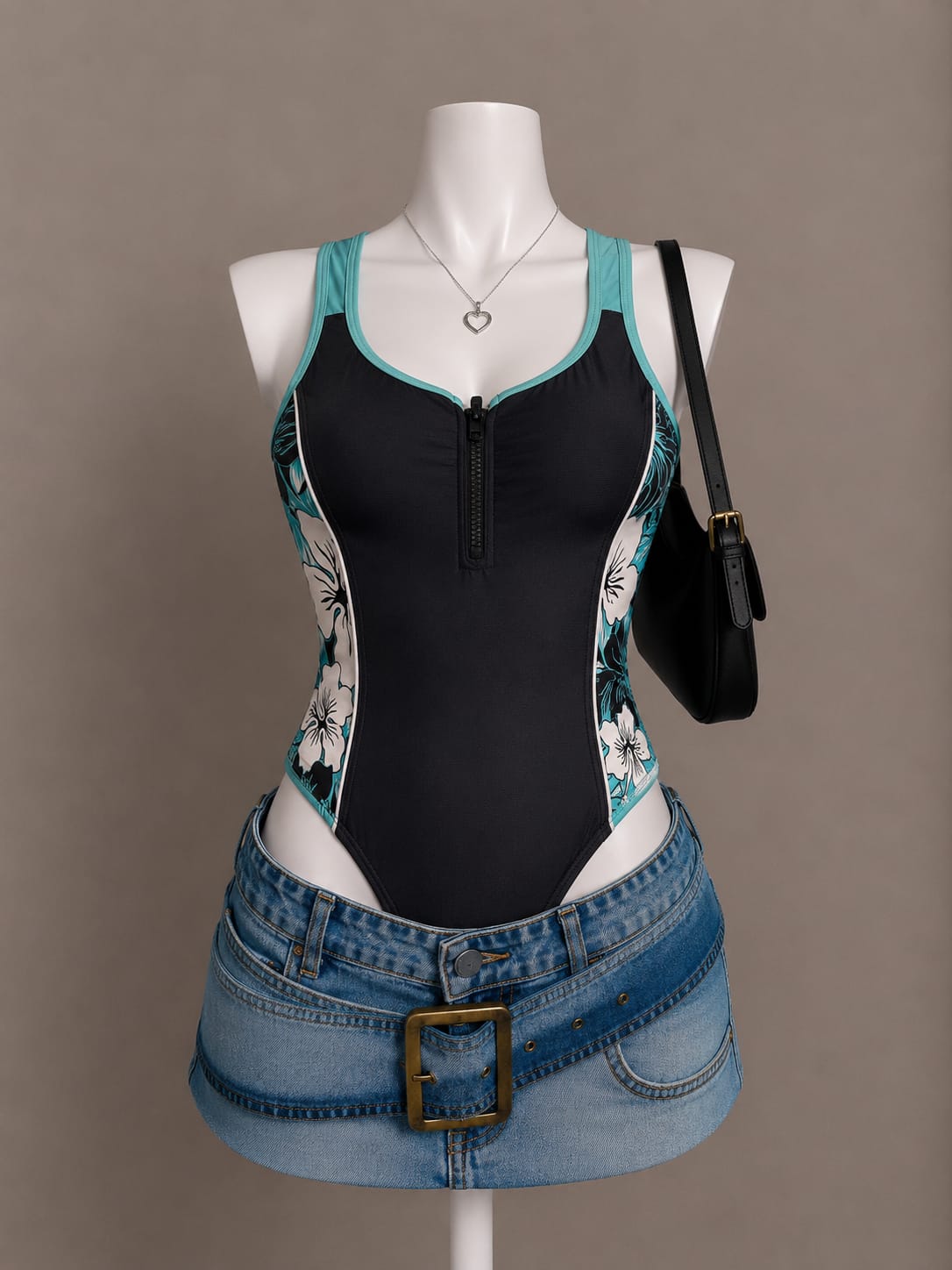 Black & Teal Floral Zip-Front Tank Top
