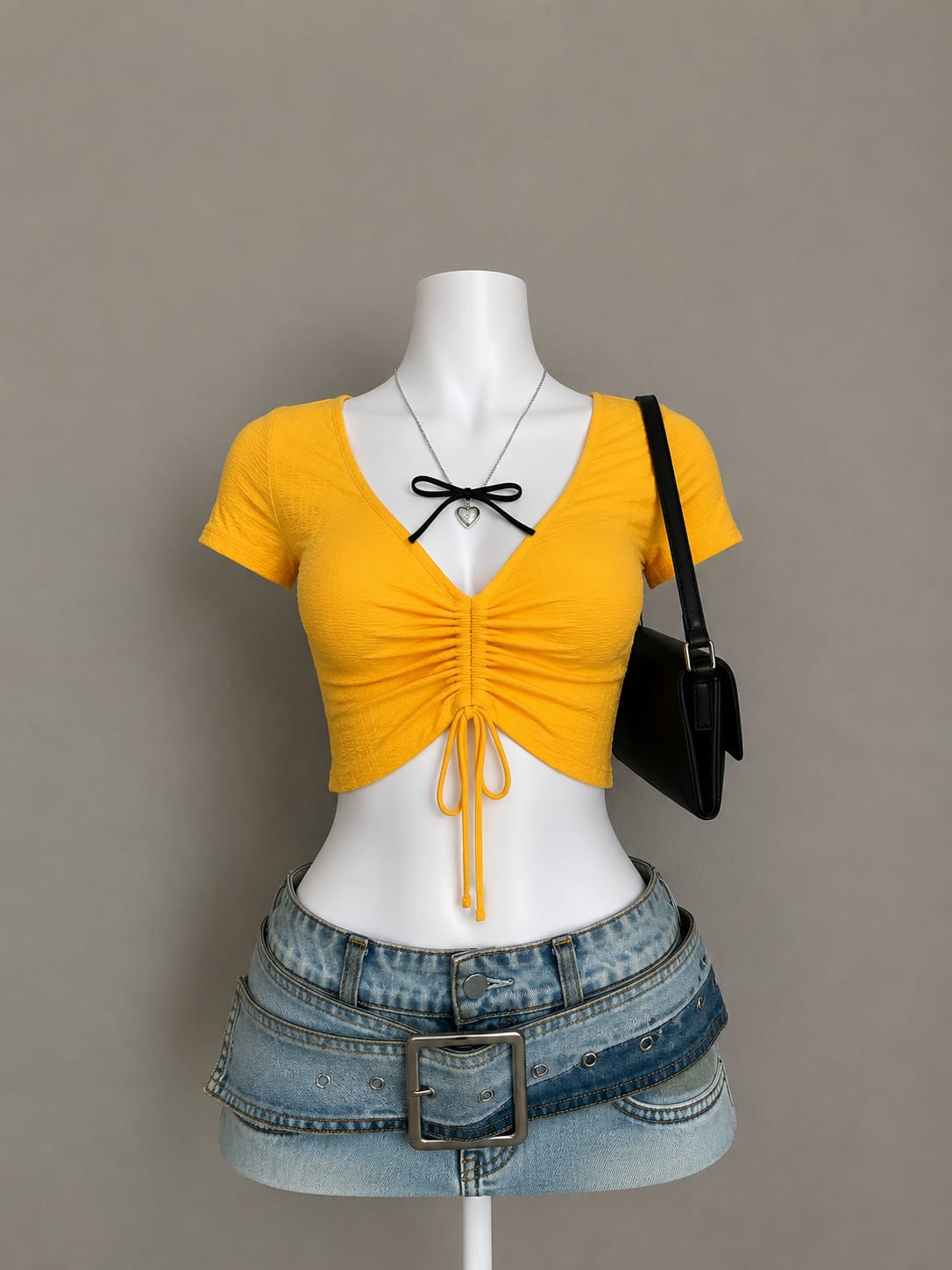 Yellow Ruched Drawstring V-Neck Short Sleeve Crop Top