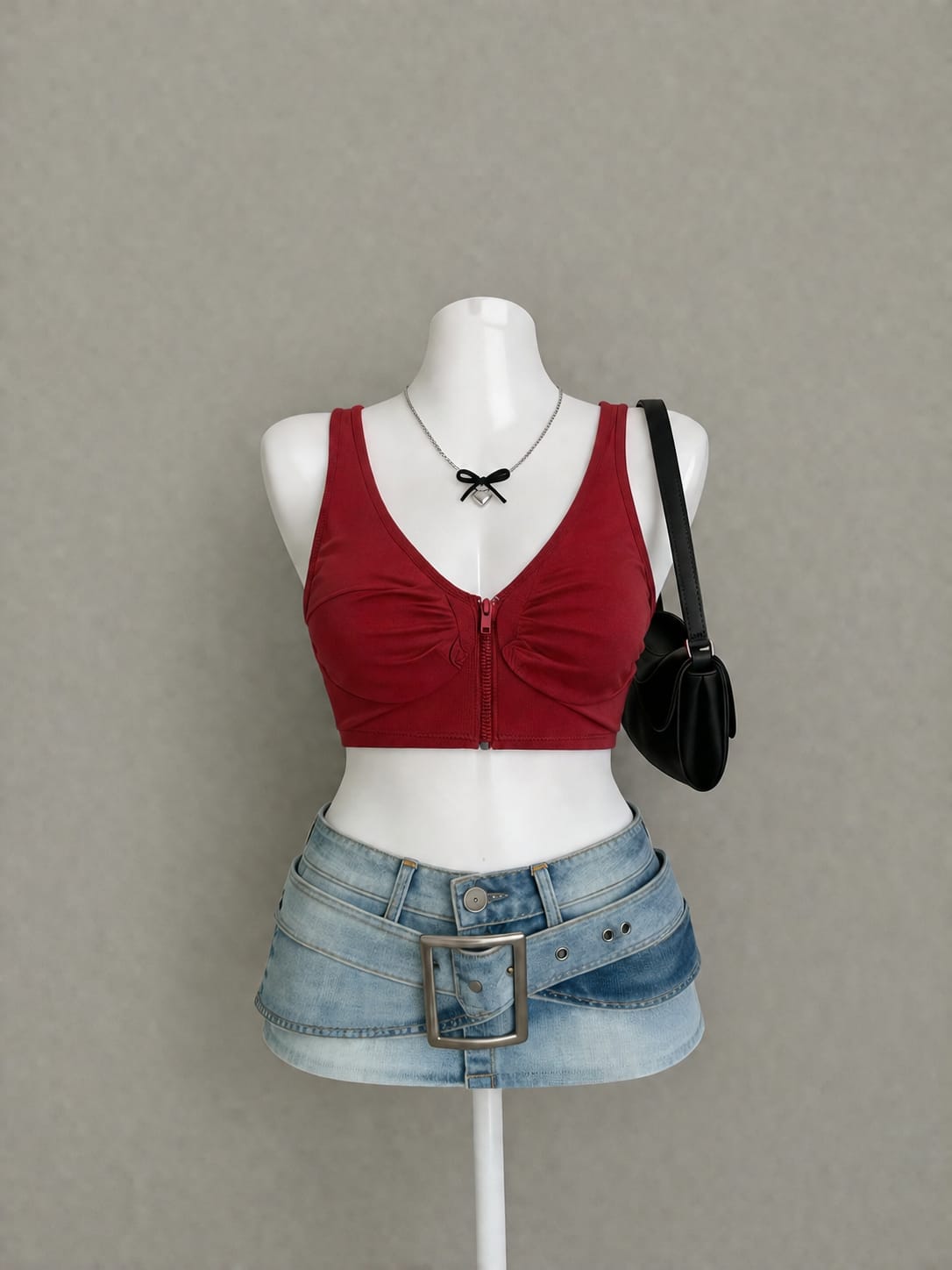 Burgundy Front Zip Ruched V-Neck Crop Bralette Top