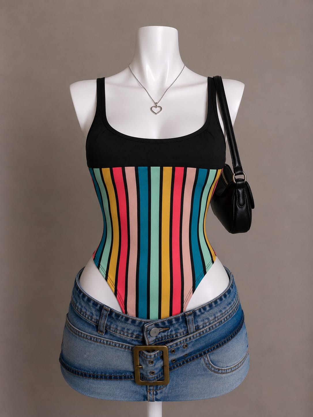 Black & Rainbow Vertical Stripe Sleeveless Bodysuit