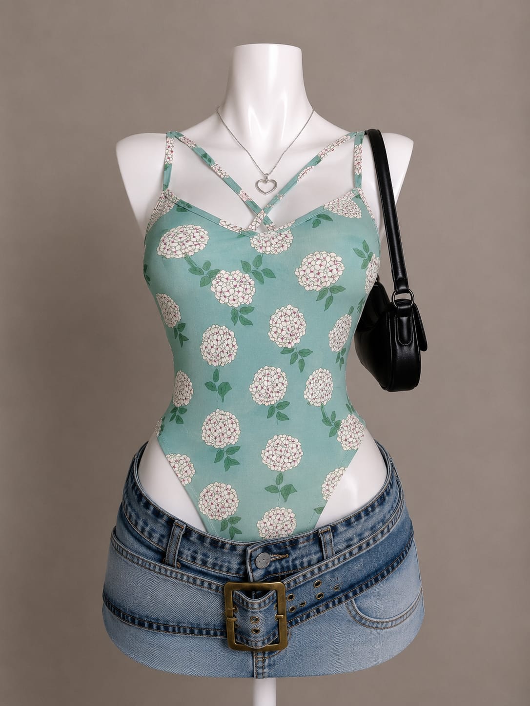 Mint Green Hydrangea Floral Cross-Strap V-Neck Bodysuit