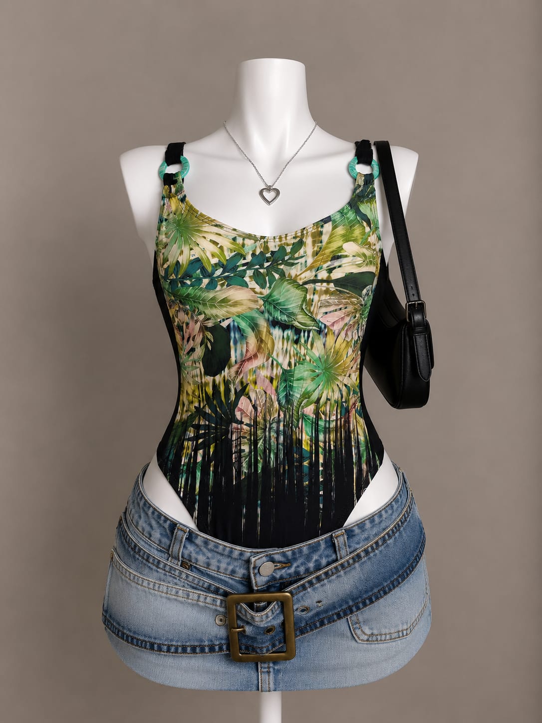 Green Tropical Print U-Neck Bodysuit