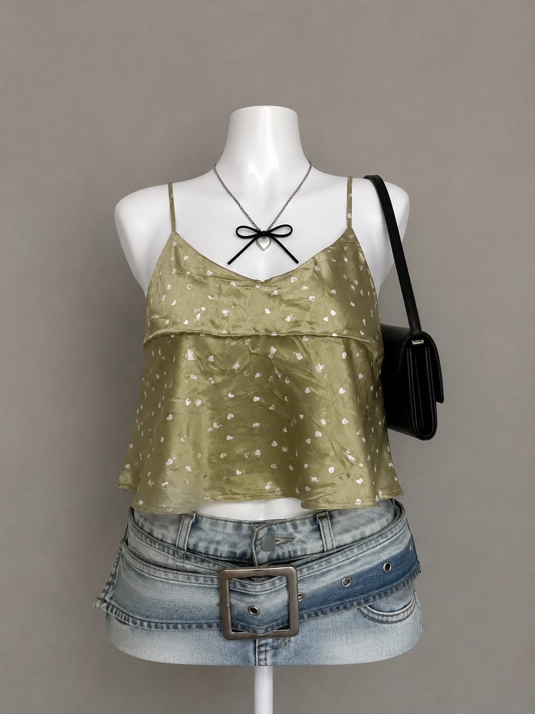 Olive Green Satin Heart Print Layered Crop Cami Top