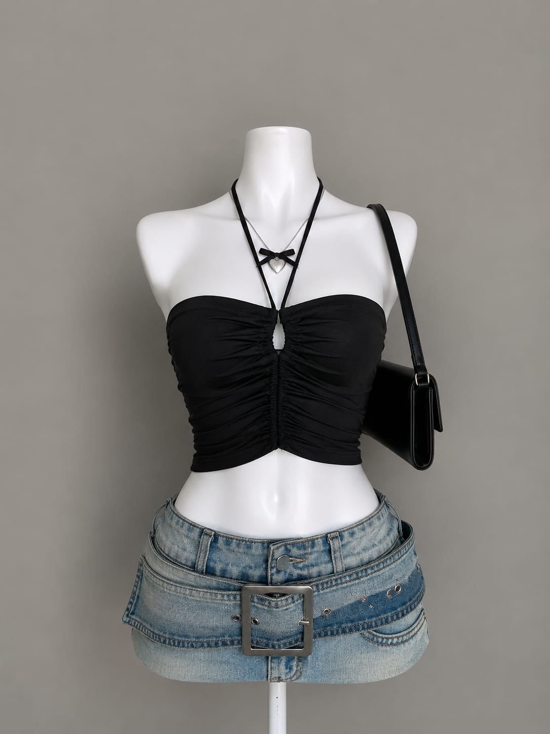 Black Ruched Halter Neck Crop Top