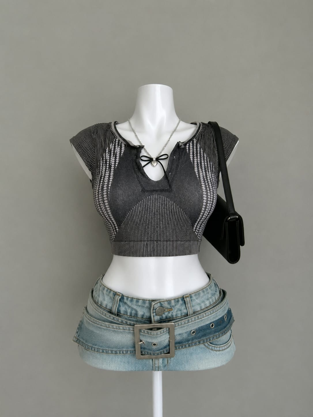 Grey Striped Knit Lace-Up V-Neck Cap Sleeve Crop Top