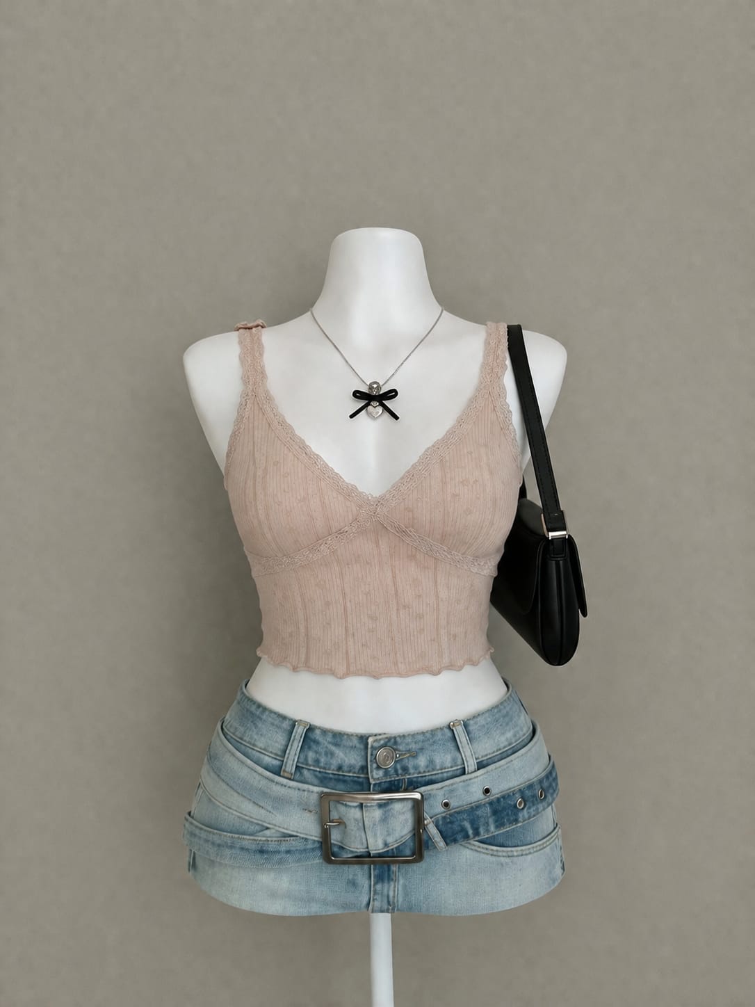 Nude Lace V-Neck Cami Crop Top – Spaghetti Straps Fitted