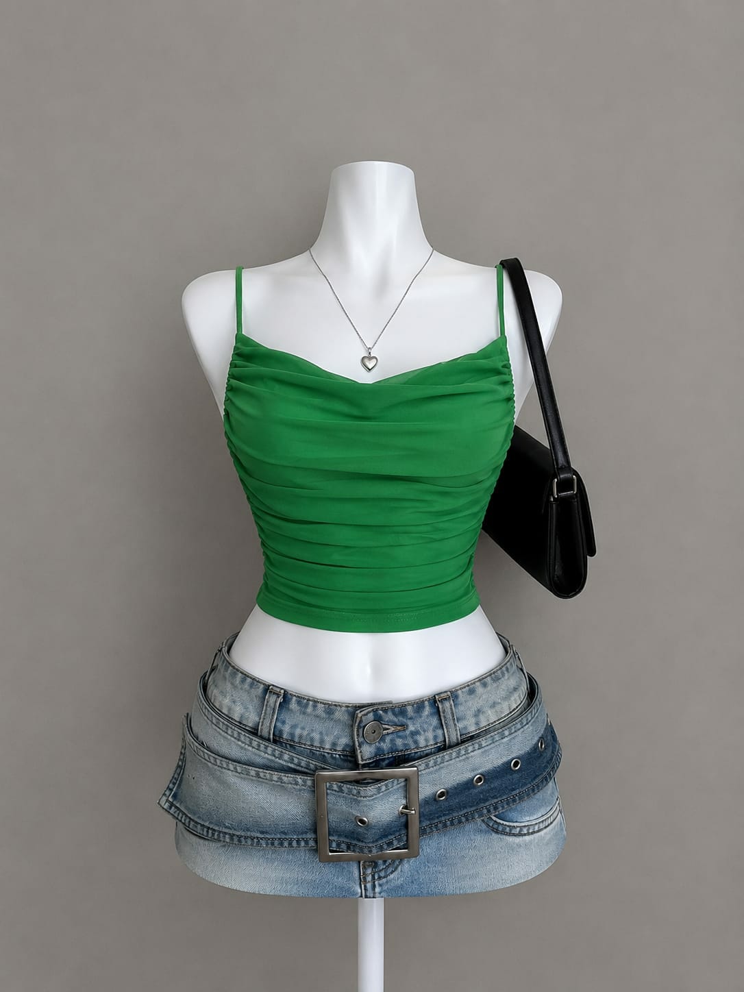 Green ruched cowl-neck cami top