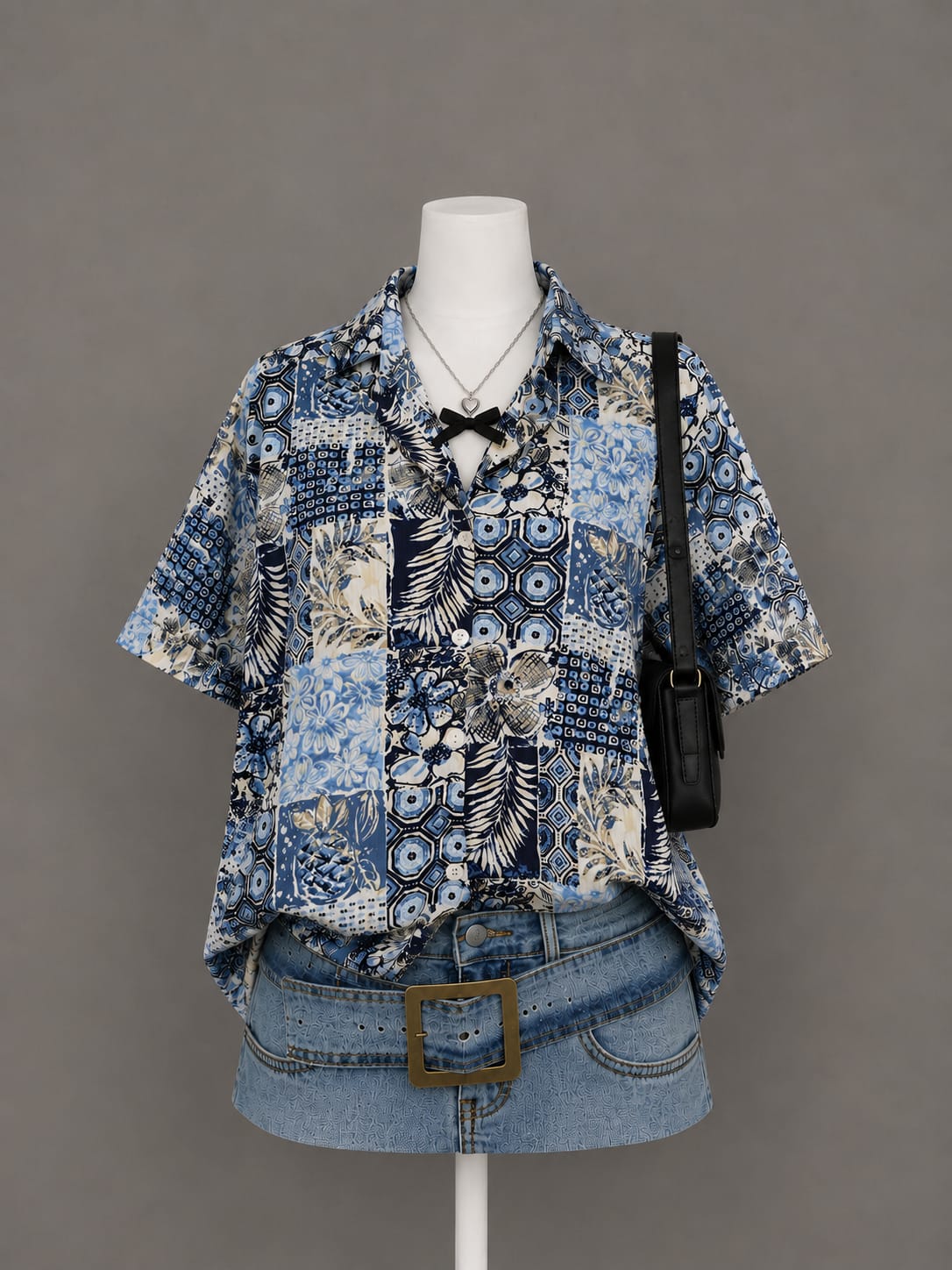 Blue patchwork print short-sleeve shirt