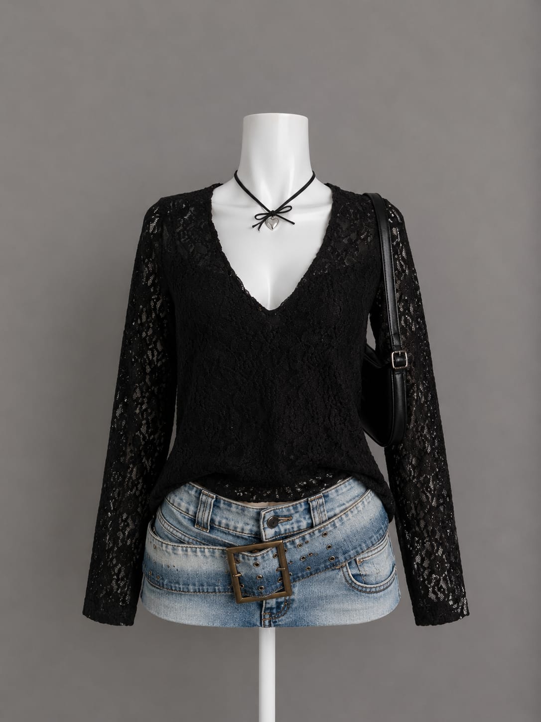 Black Lace V-Neck Long-Sleeve Blouse