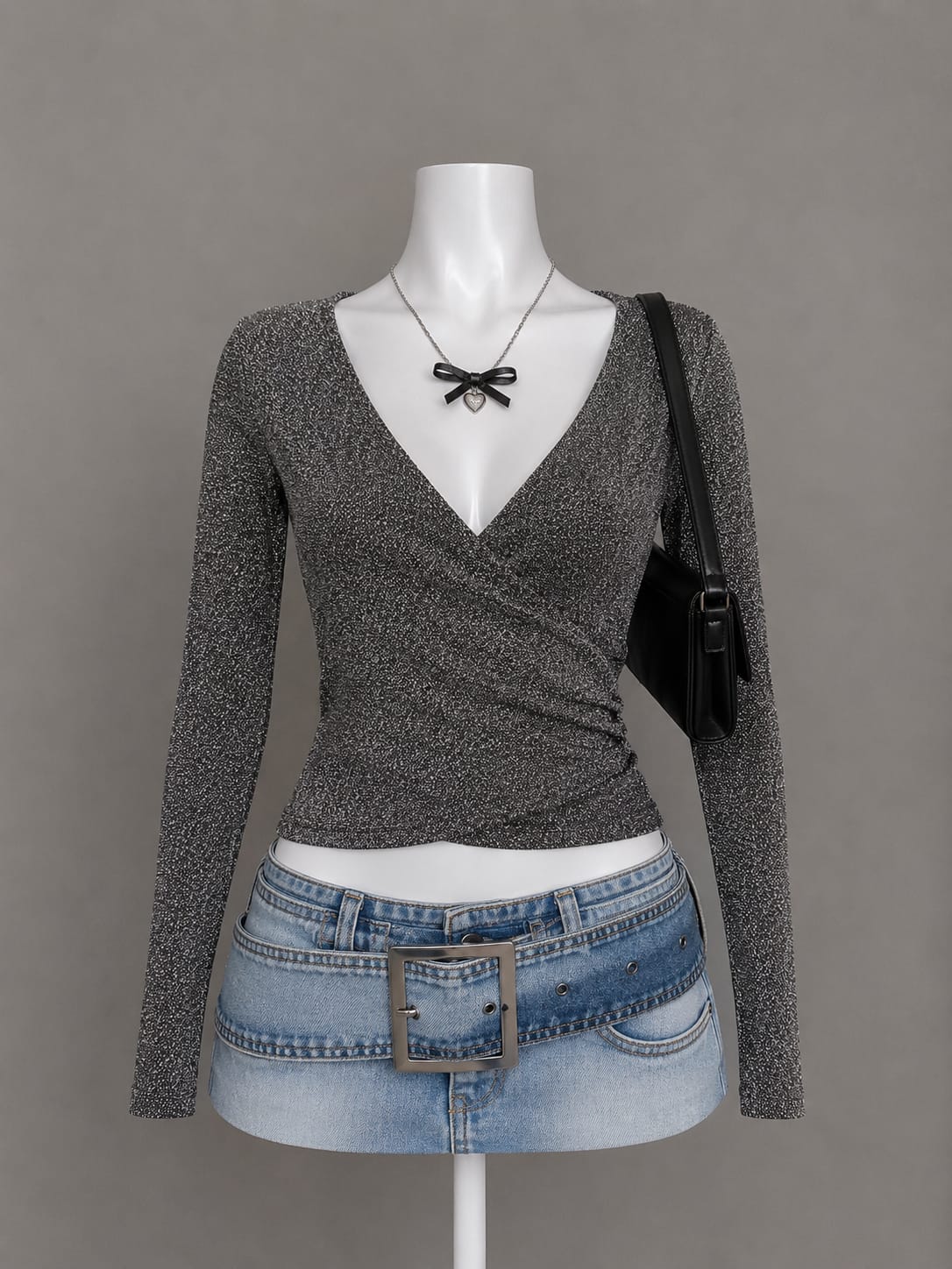 Black and silver glitter wrap top