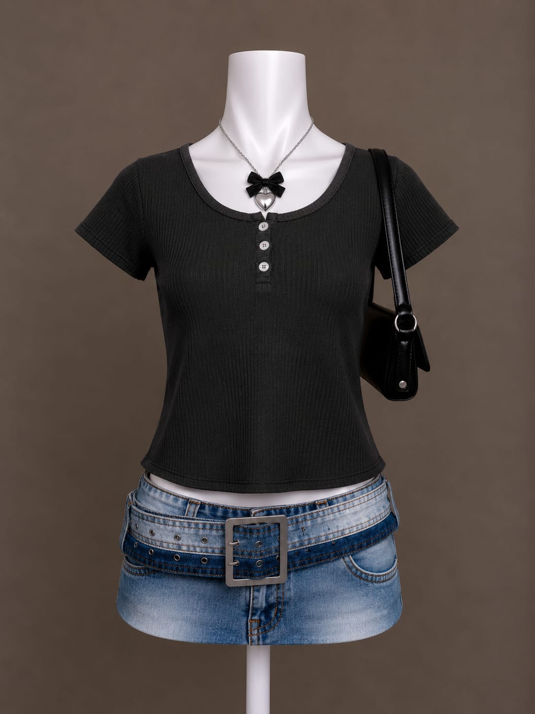Black Button-Front Ribbed Top