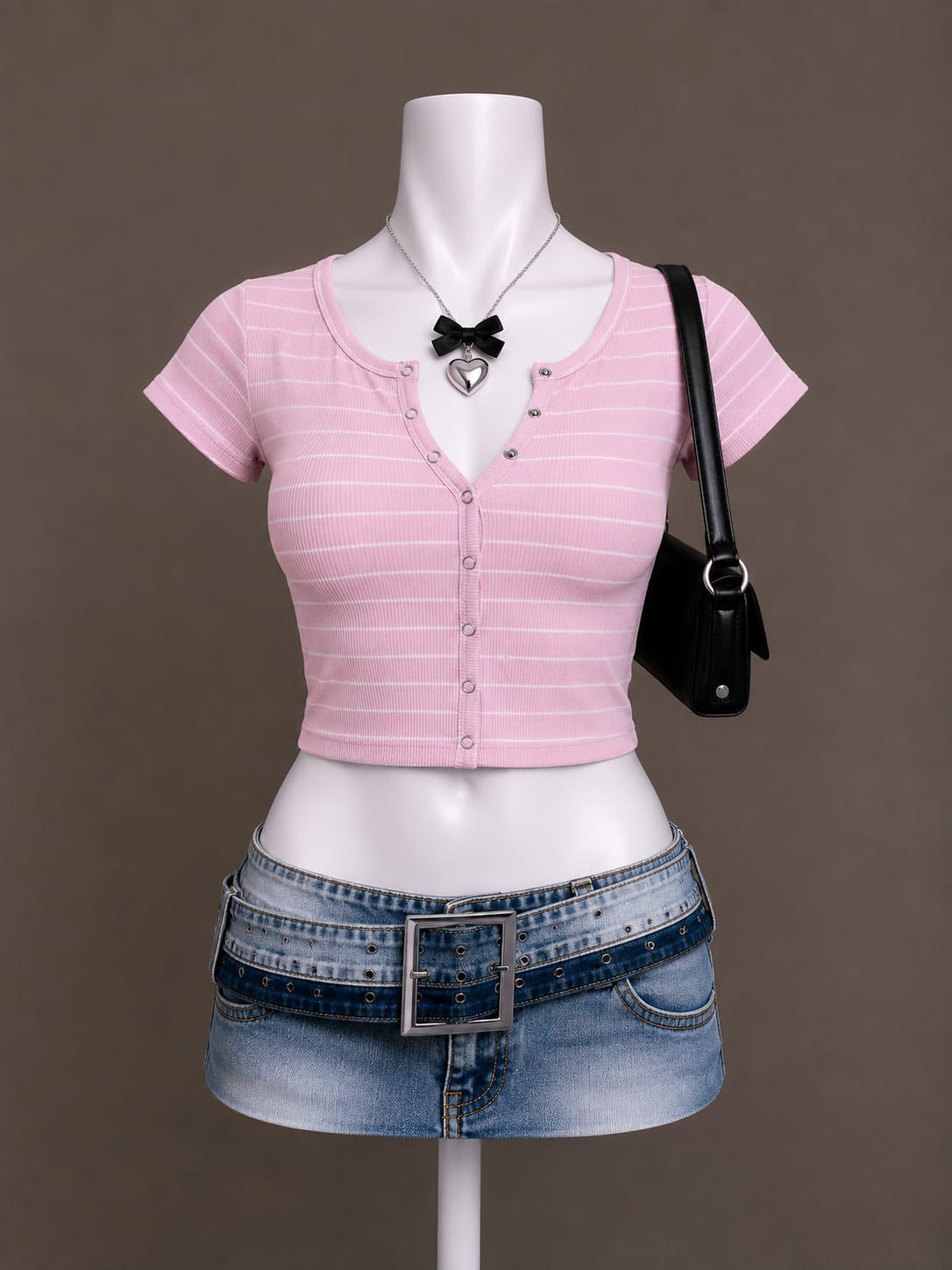 Pink Striped Button-Front Crop Top