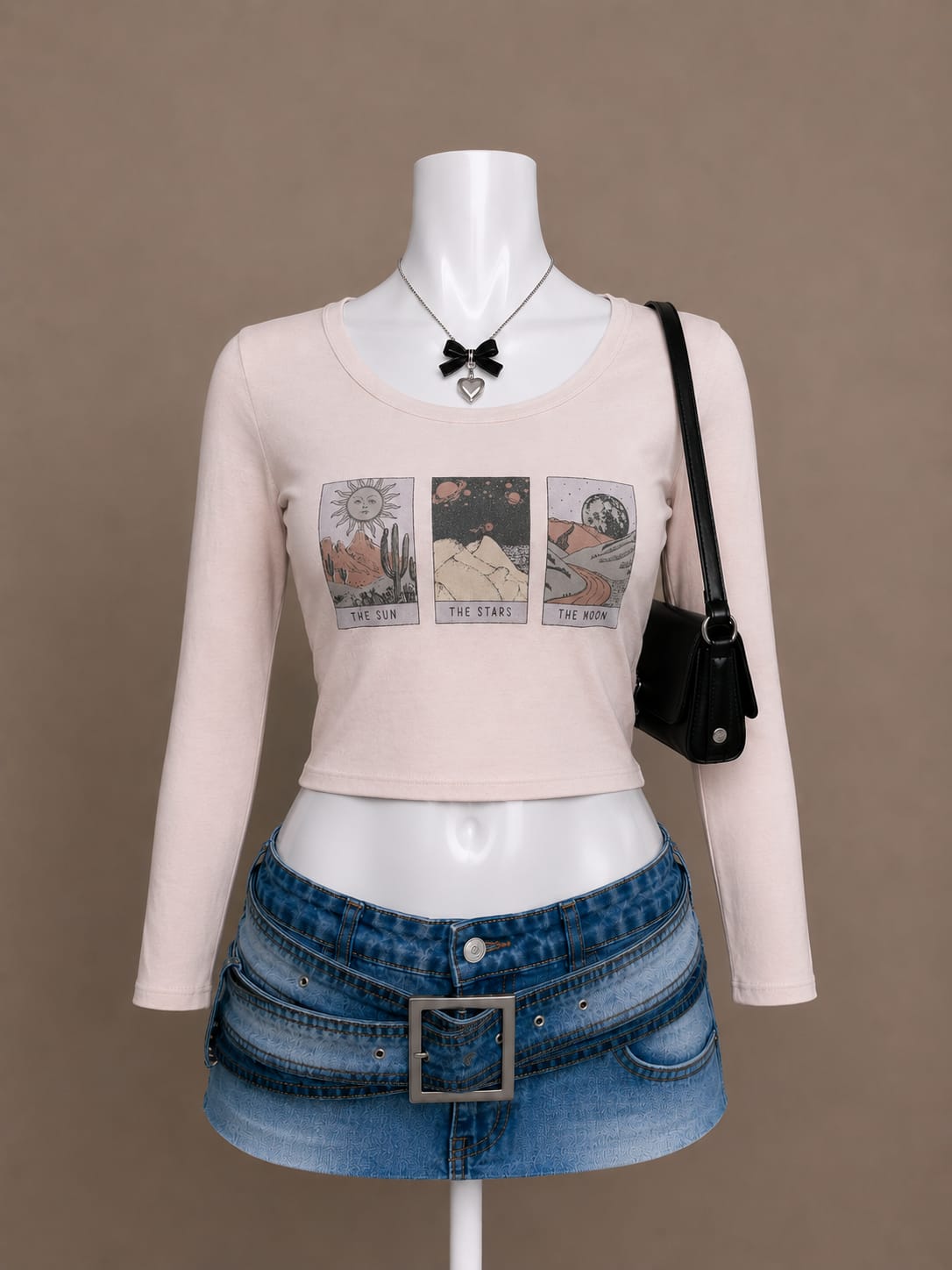 Beige Graphic Long-Sleeve Crop Top