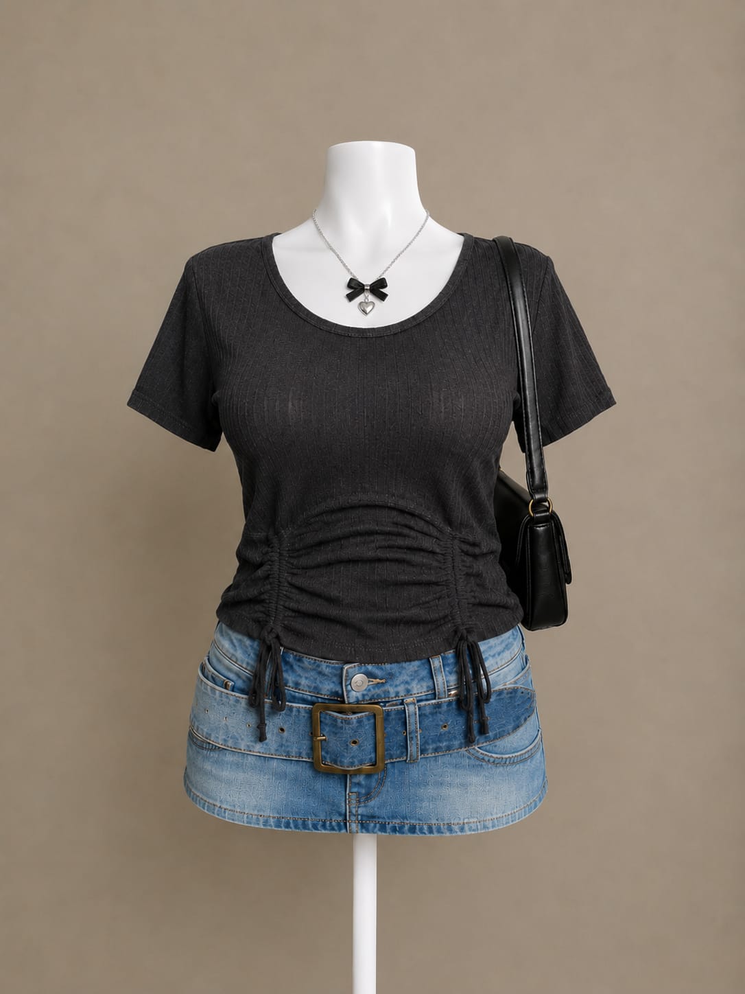 Black Ruched Ribbed Top