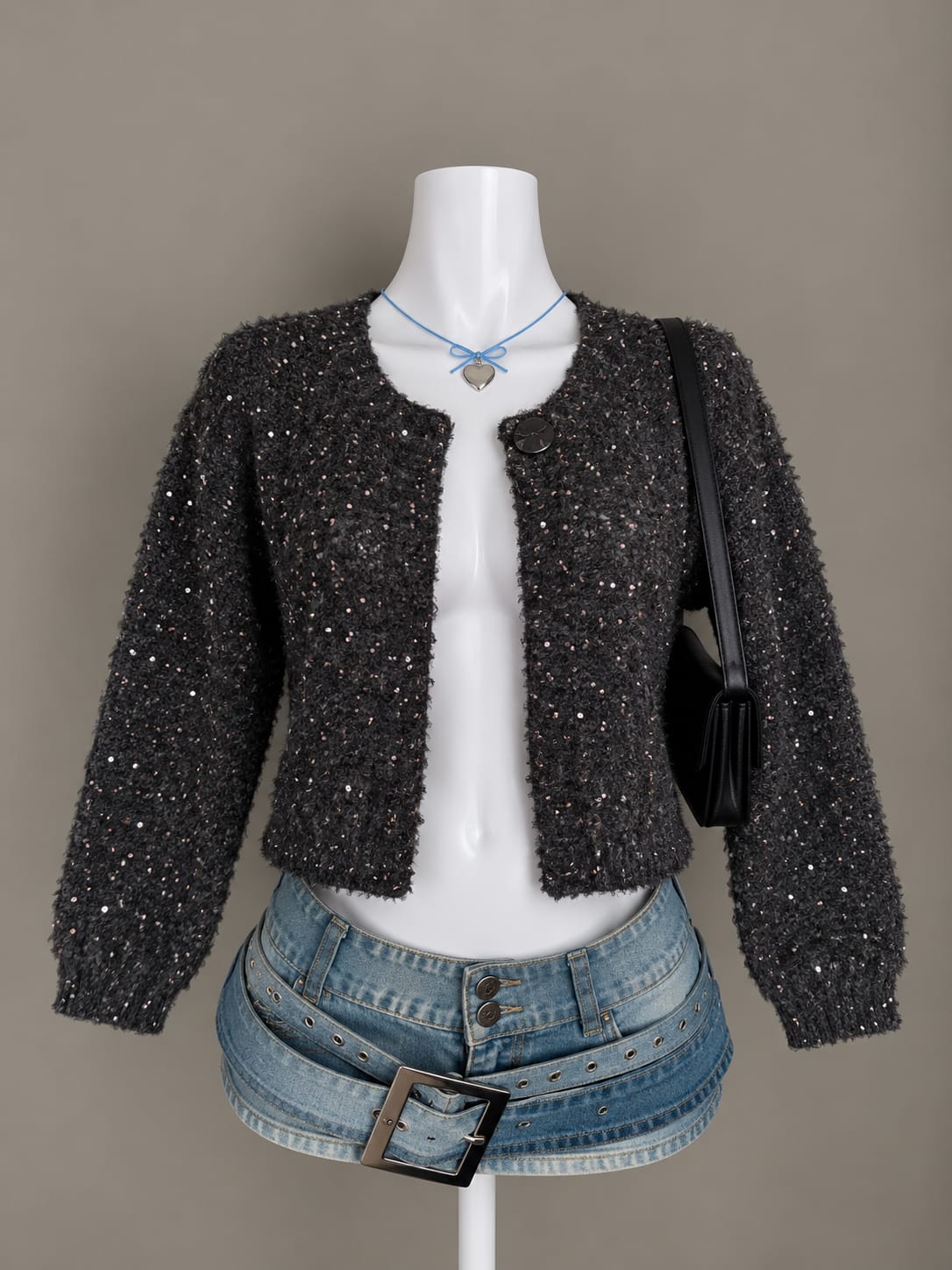 Black Sequined Textured Cardigan