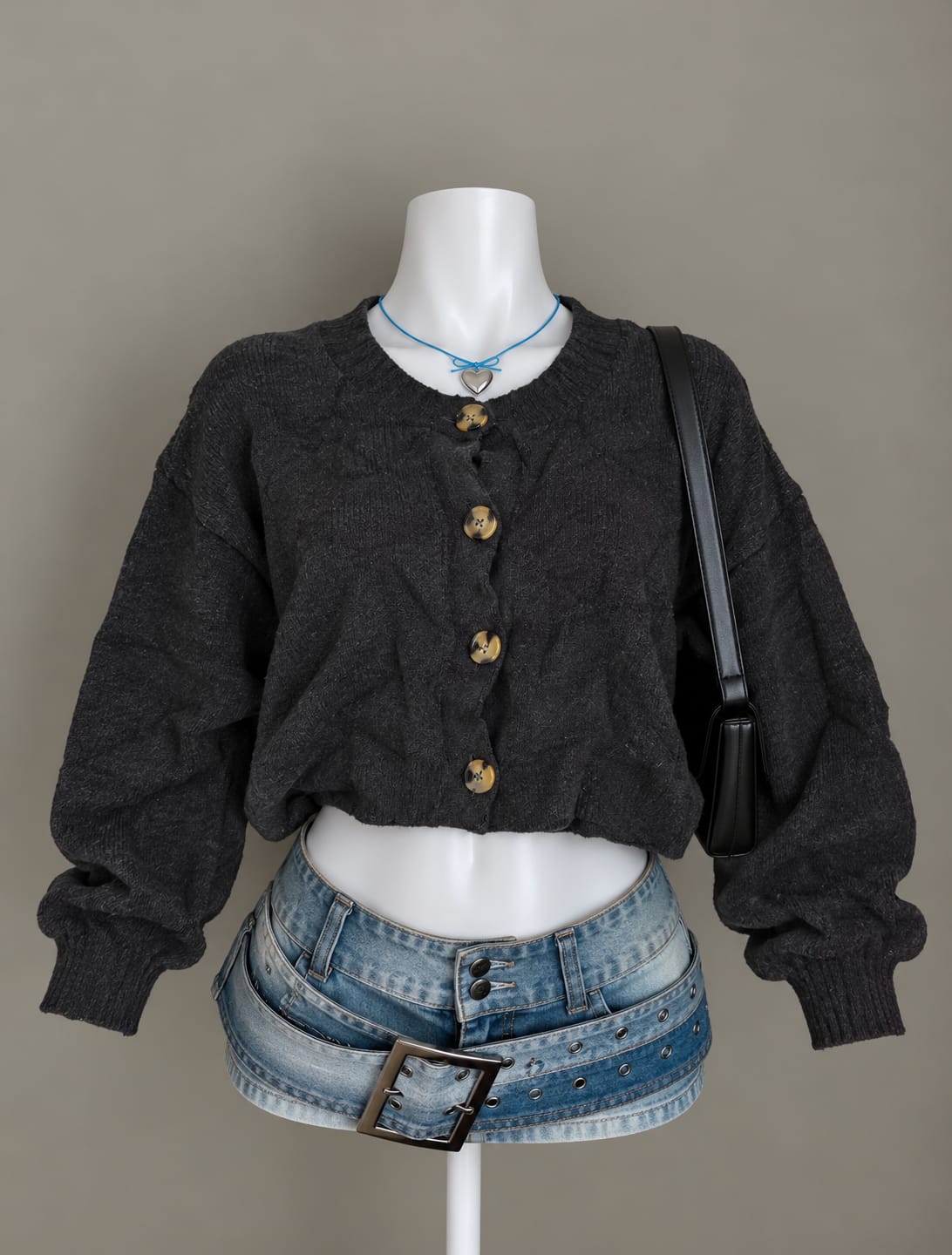 Charcoal Round Neck Cropped Cardigan
