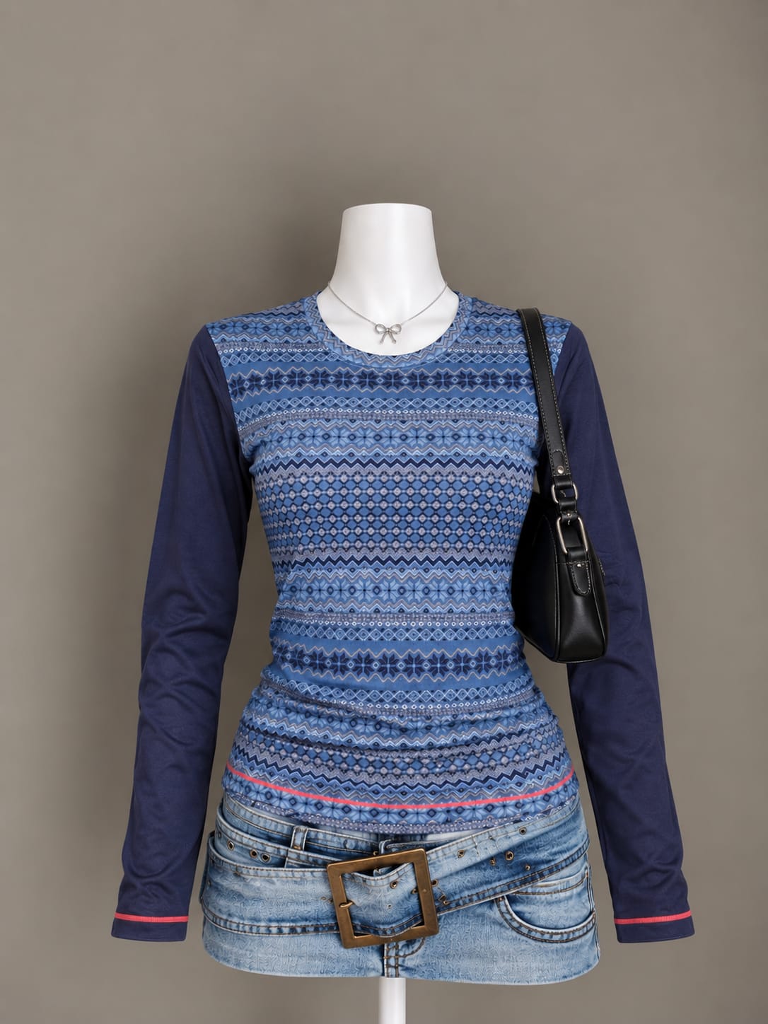 Navy Printed Long Sleeve Top