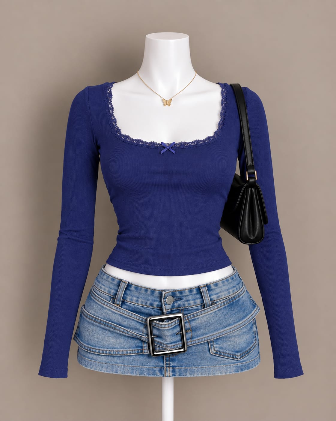 Navy Long Sleeve Crop Top