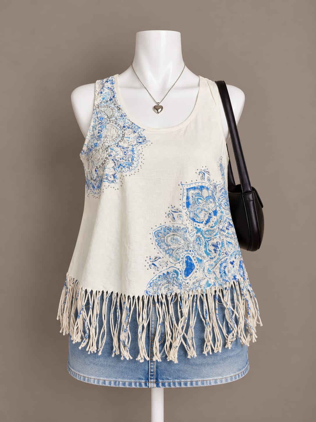 Cream Printed Fringe Top