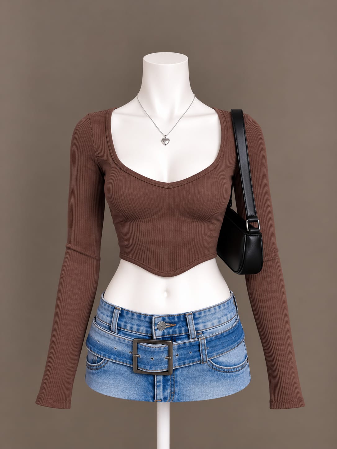 Brown Long Sleeve Crop Top