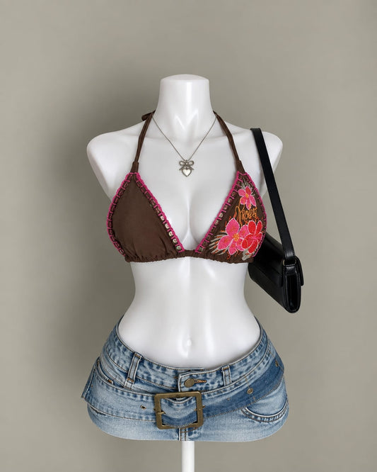 Brown Floral Bikini Top