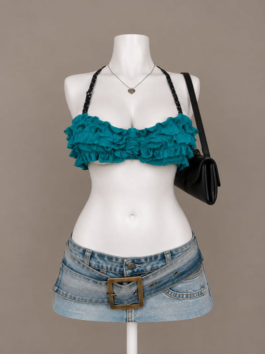 Teal Ruffle Bikini Top