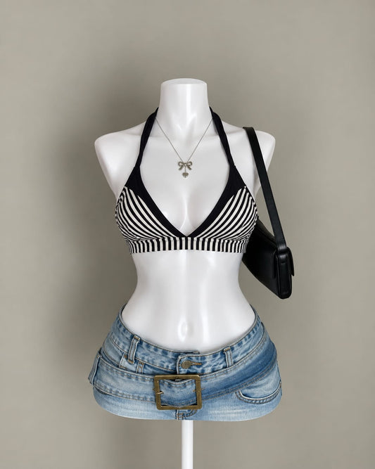 Black White Striped Bikini Top