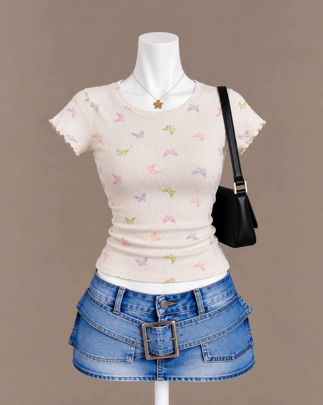 Cream Butterfly Print Short Sleeve Top