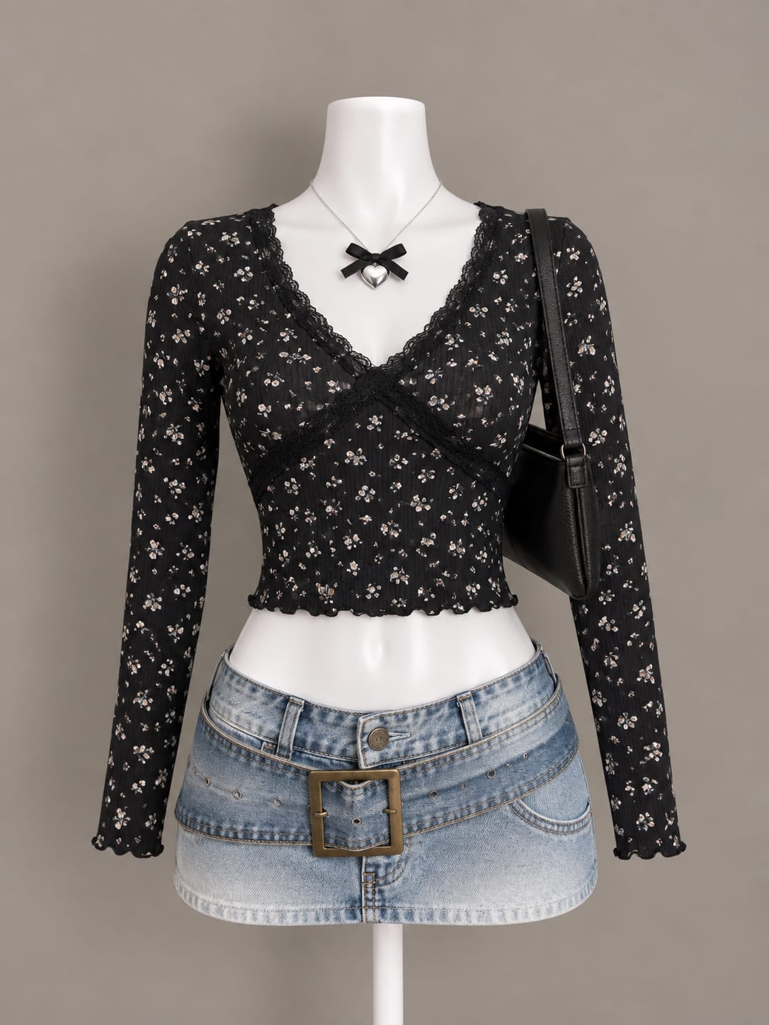 Black Floral Long Sleeve Crop Top