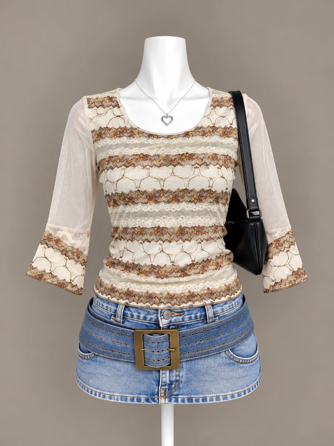 Cream Patterned Mesh Sleeve Top