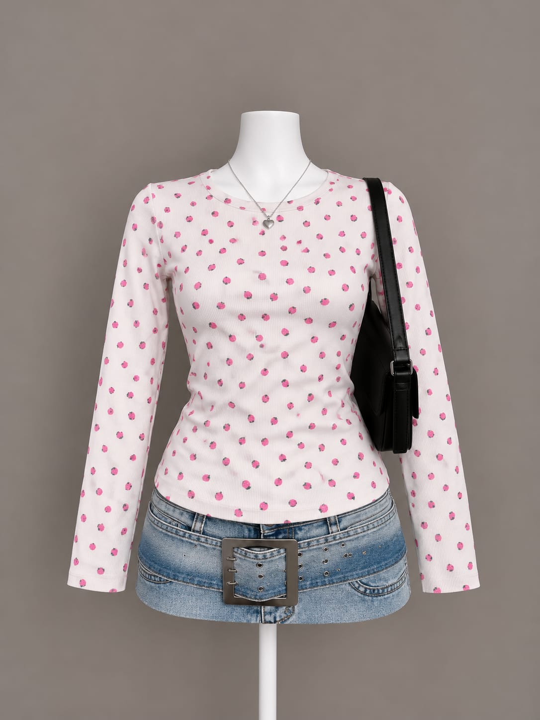 White Strawberry Print Long Sleeve Top
