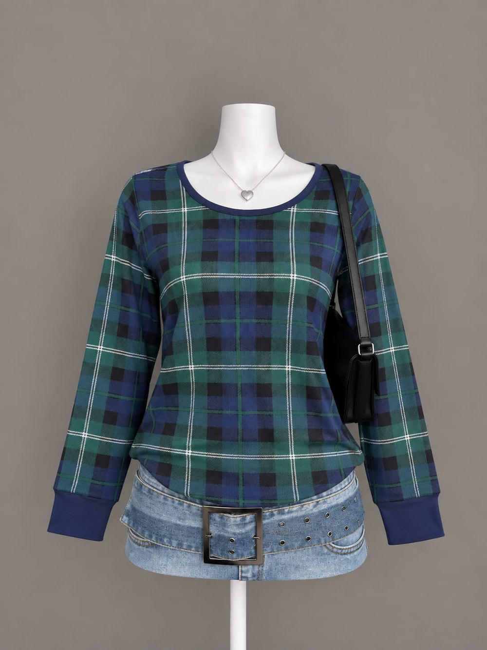 Green Navy Plaid Long Sleeve Top