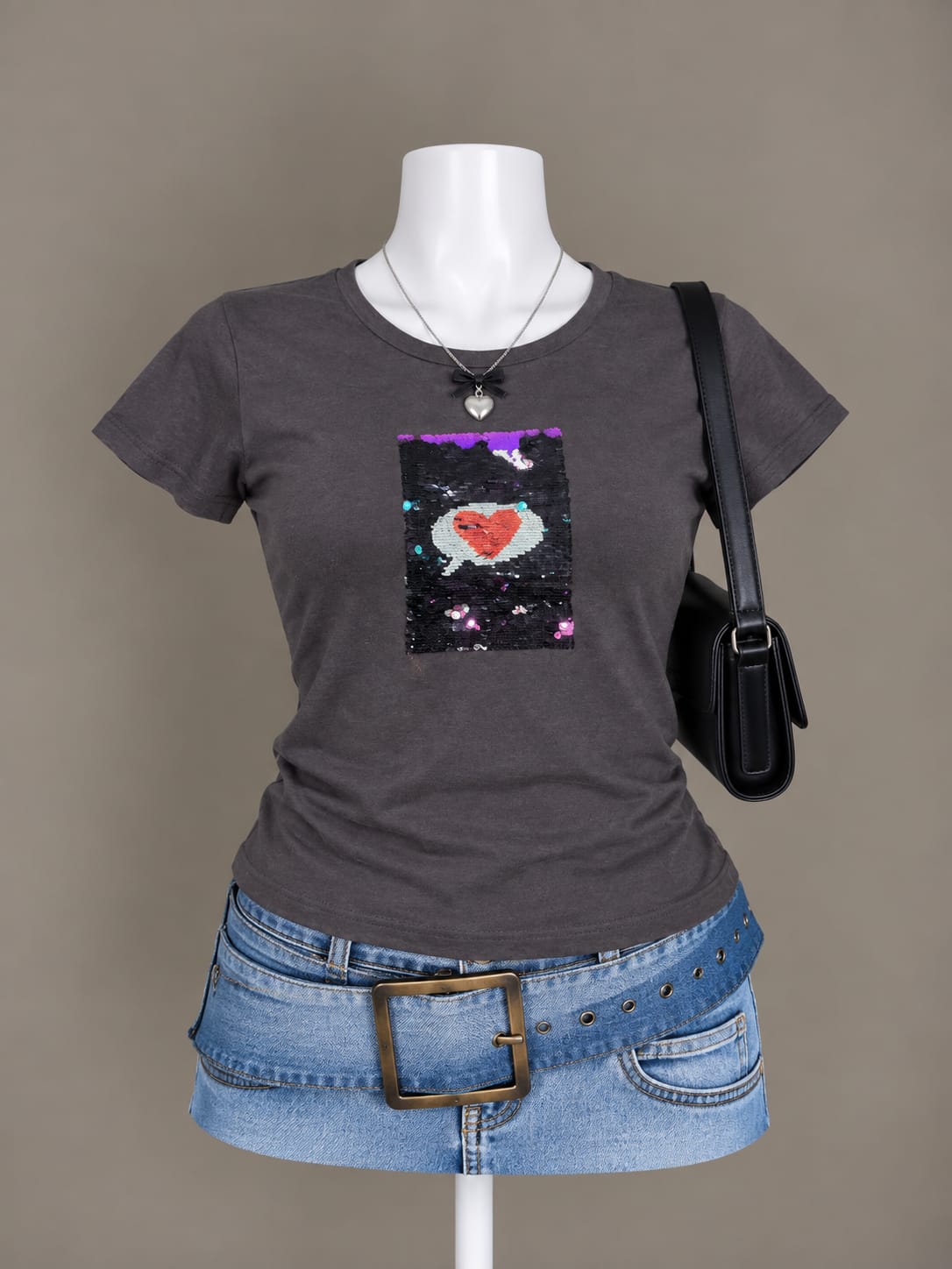 Charcoal Sequin Heart Graphic T-Shirt