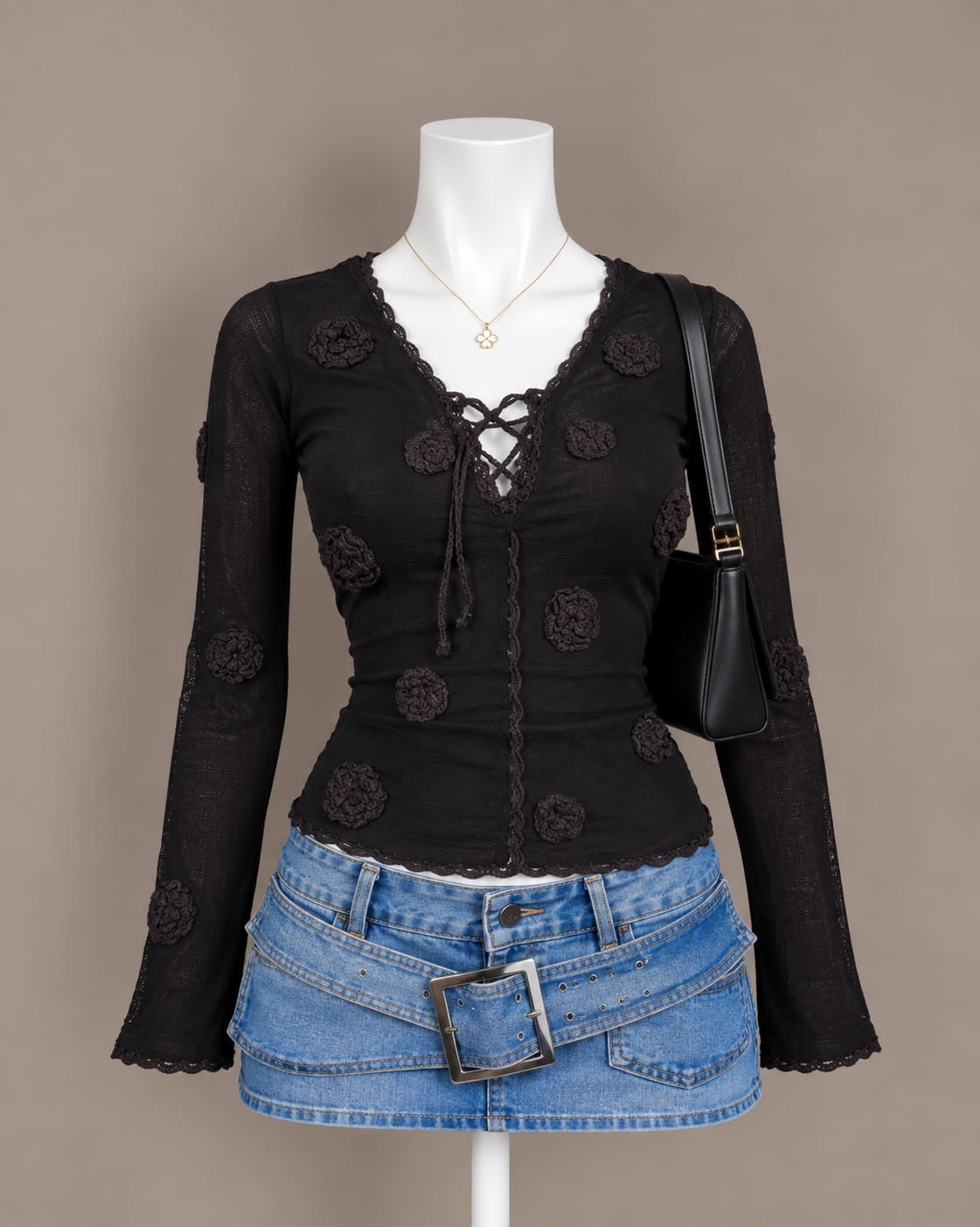 Black Floral Applique Lace-Up Top