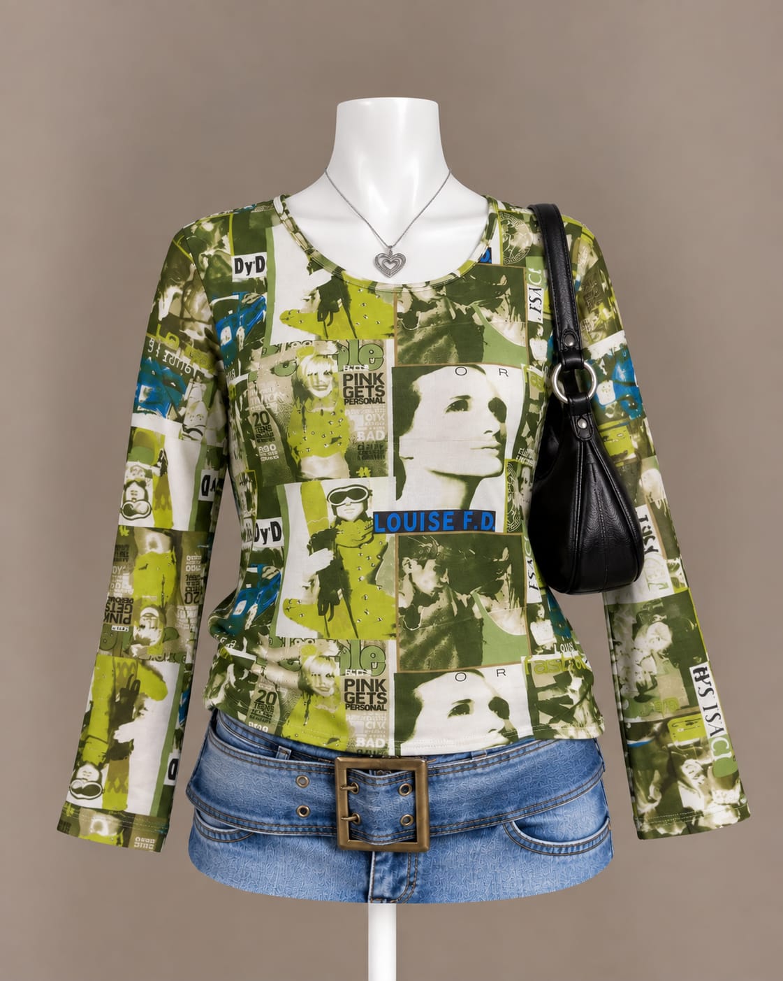 Green Collage Print Long Sleeve Top