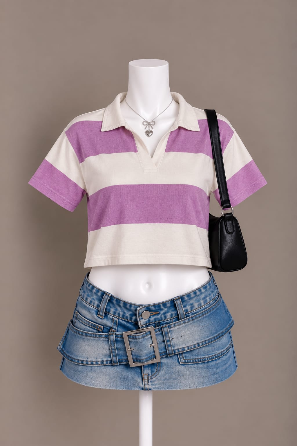 Cream Purple Striped Polo Crop Top