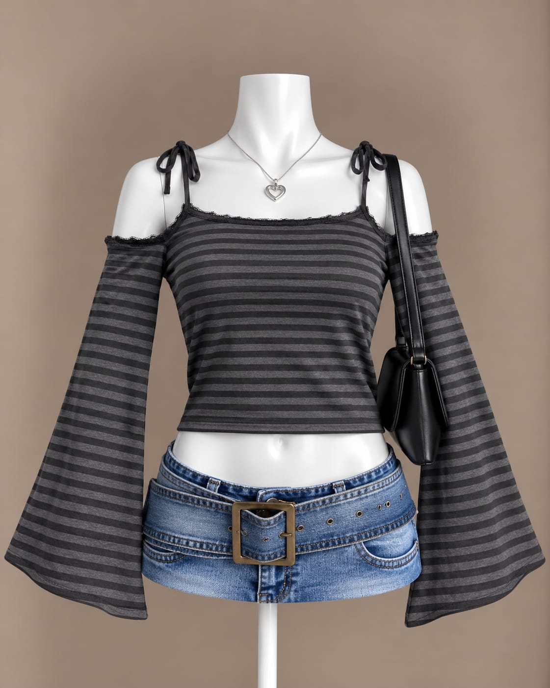 Charcoal Striped Cold Shoulder Top