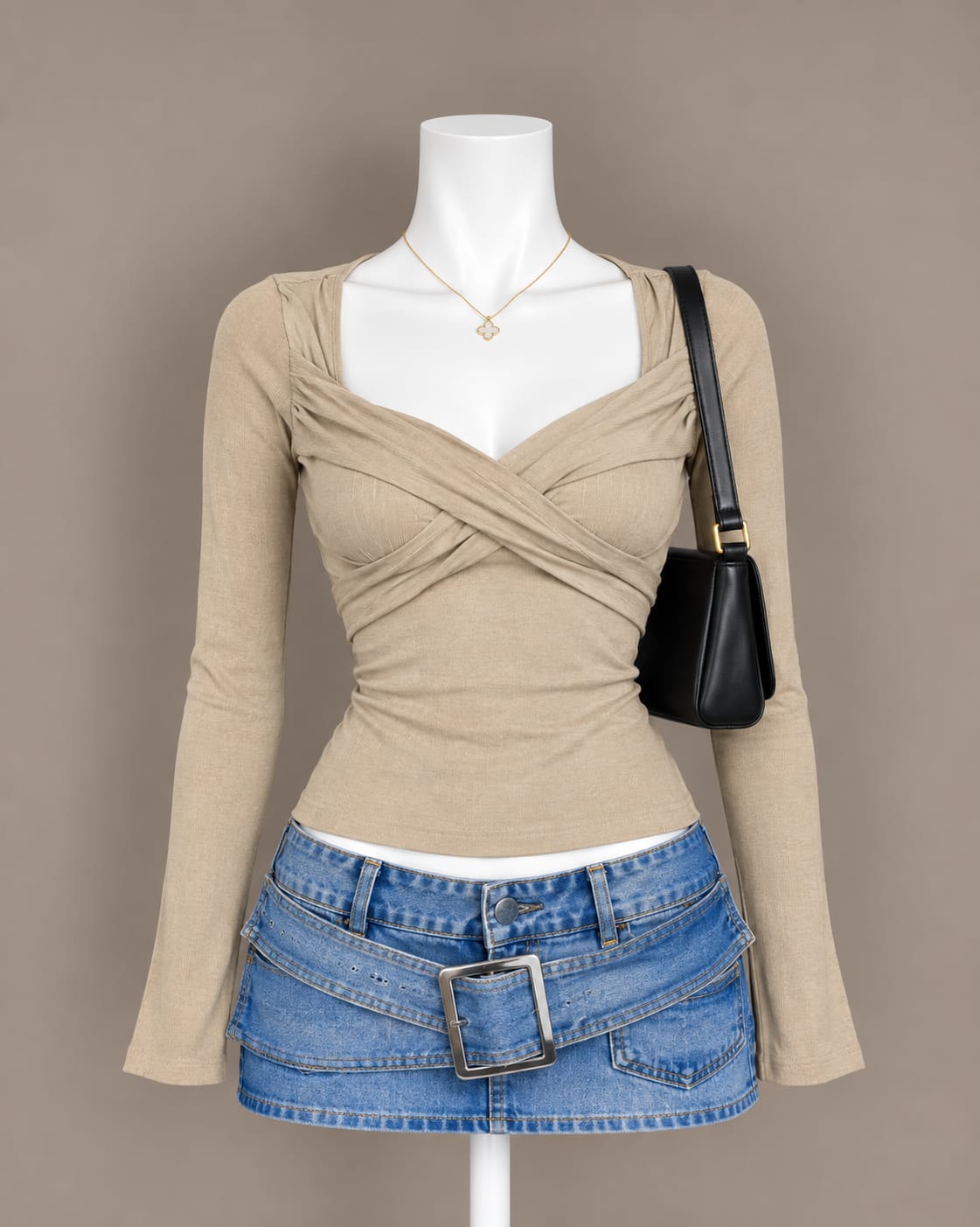 Beige Wrap Long Sleeve Top