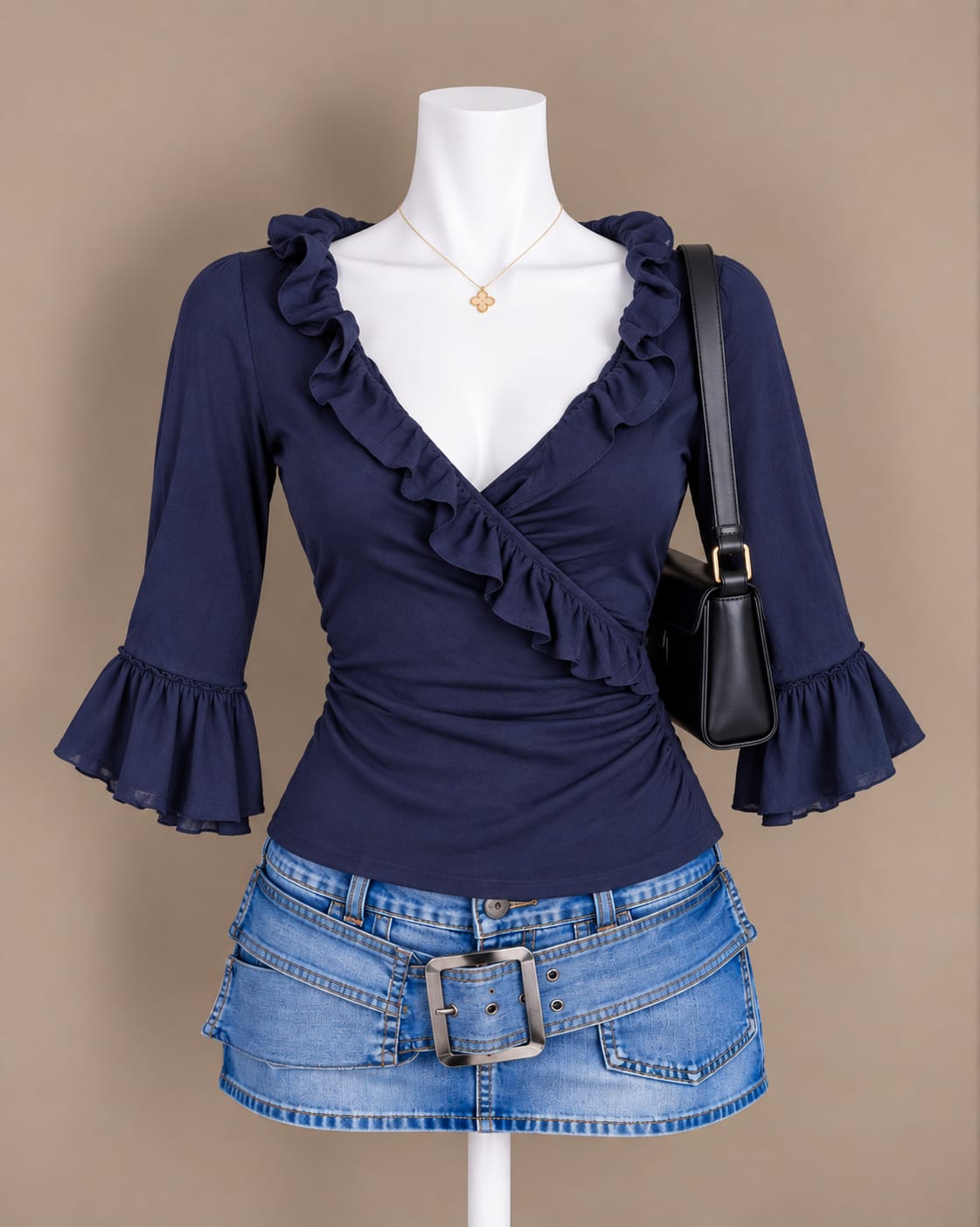 Navy Ruffle Wrap Top